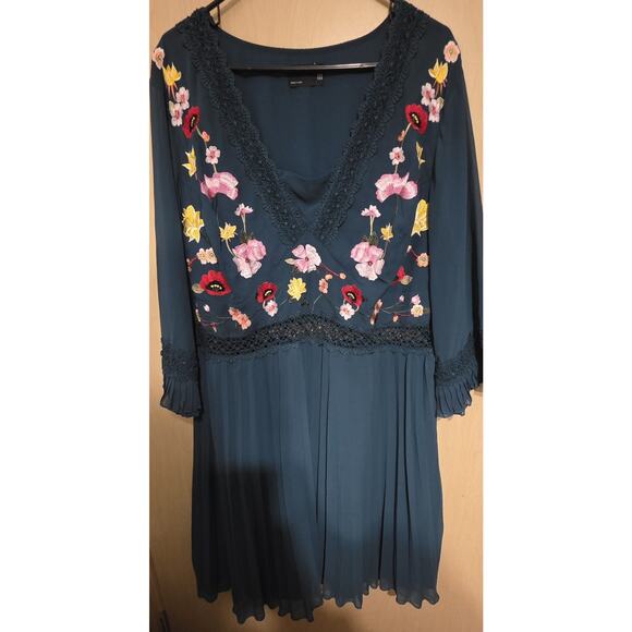 Asos Design Dress Curve Lace Insert Pleated Midi Dress Size 20 Embroidered Green - Picture 3 of 12